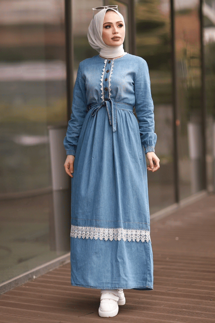 MDS Women Lace Detailed Denim Dress - Light Blue - Lawrence