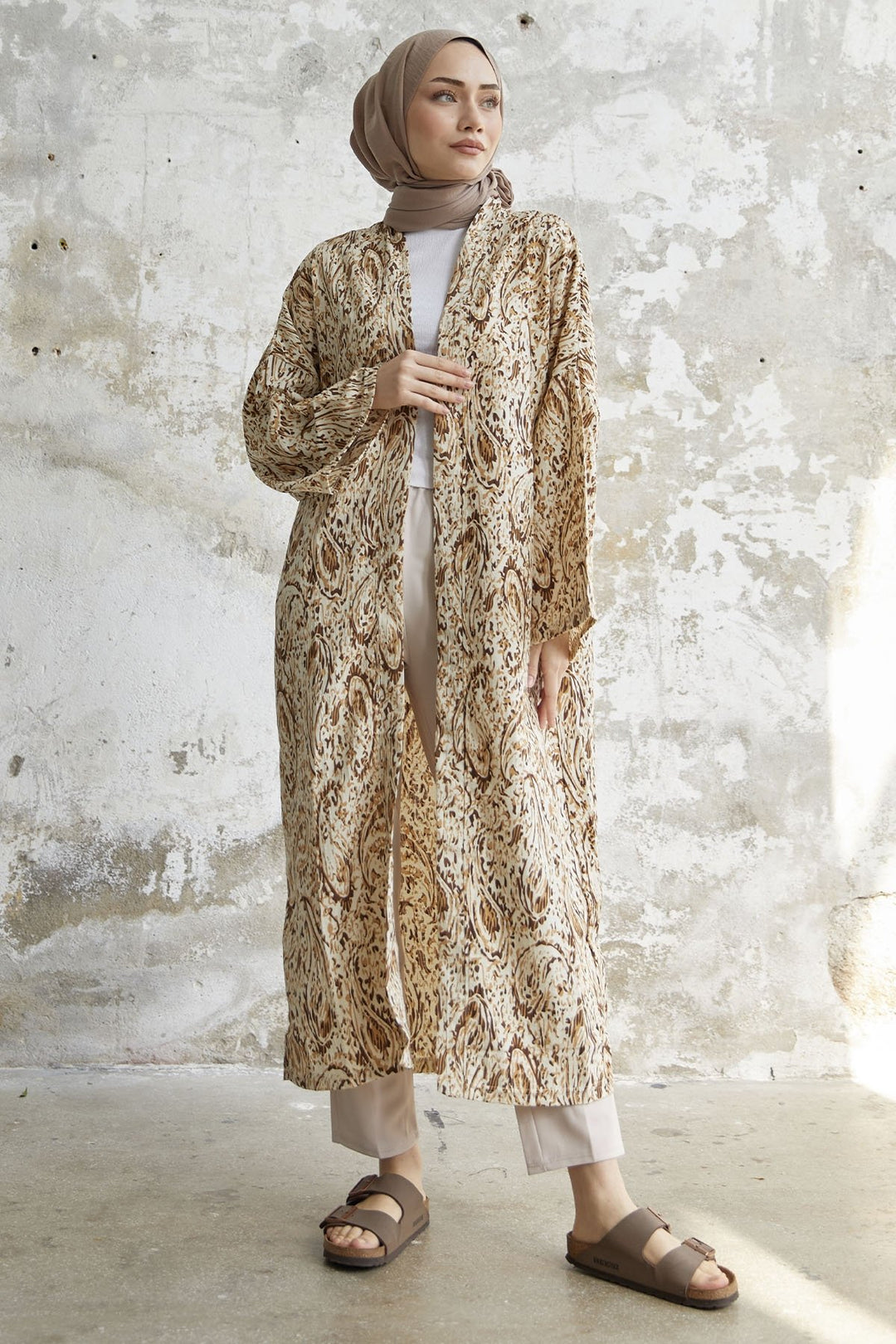 MDS Women Spiral Patterned Long Kimono - Brown - Delicias