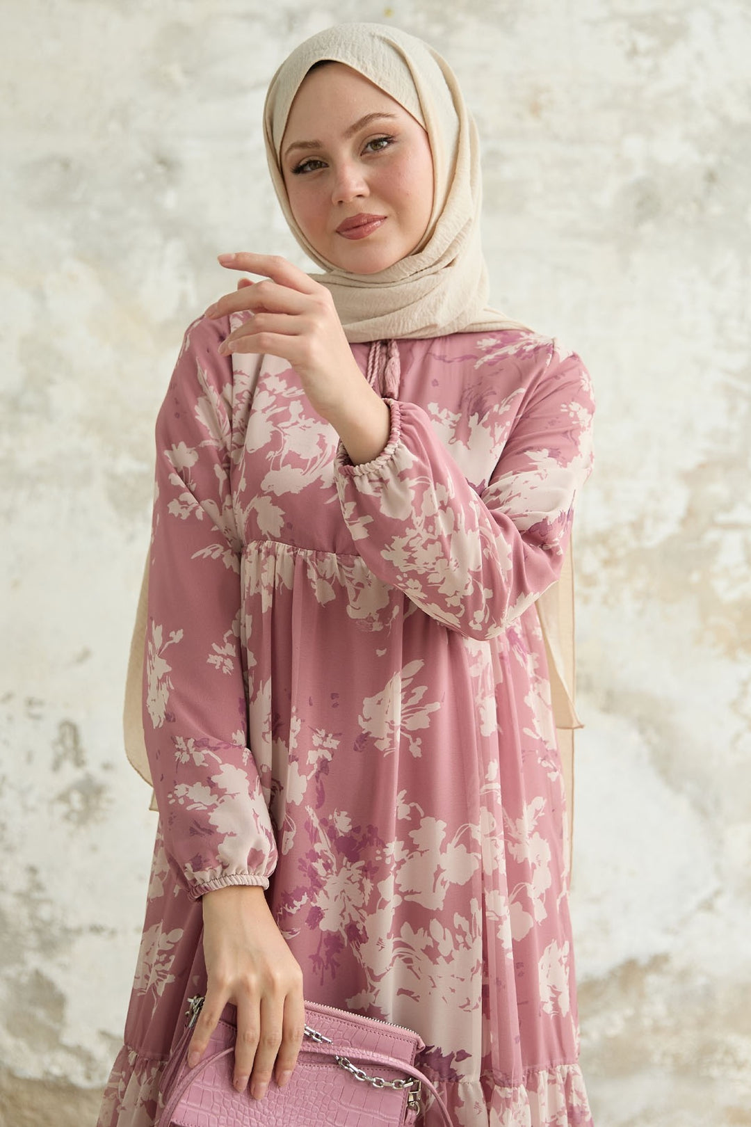 MDS Women Leaf Pattern Front Tasseled Rose Dry Chiffon Dress - Bitterfeld