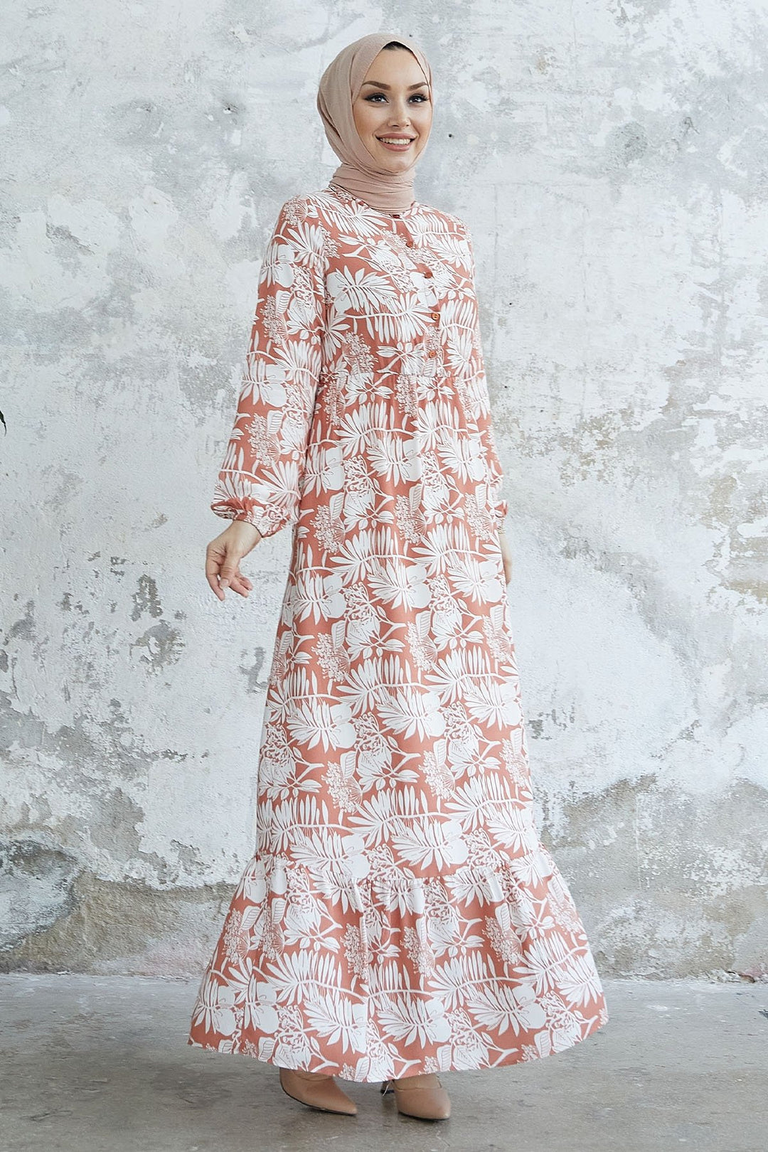 MDS Women Fale Complex Leaf Patterned Viscose Dress - Salmon - Sint-Truiden