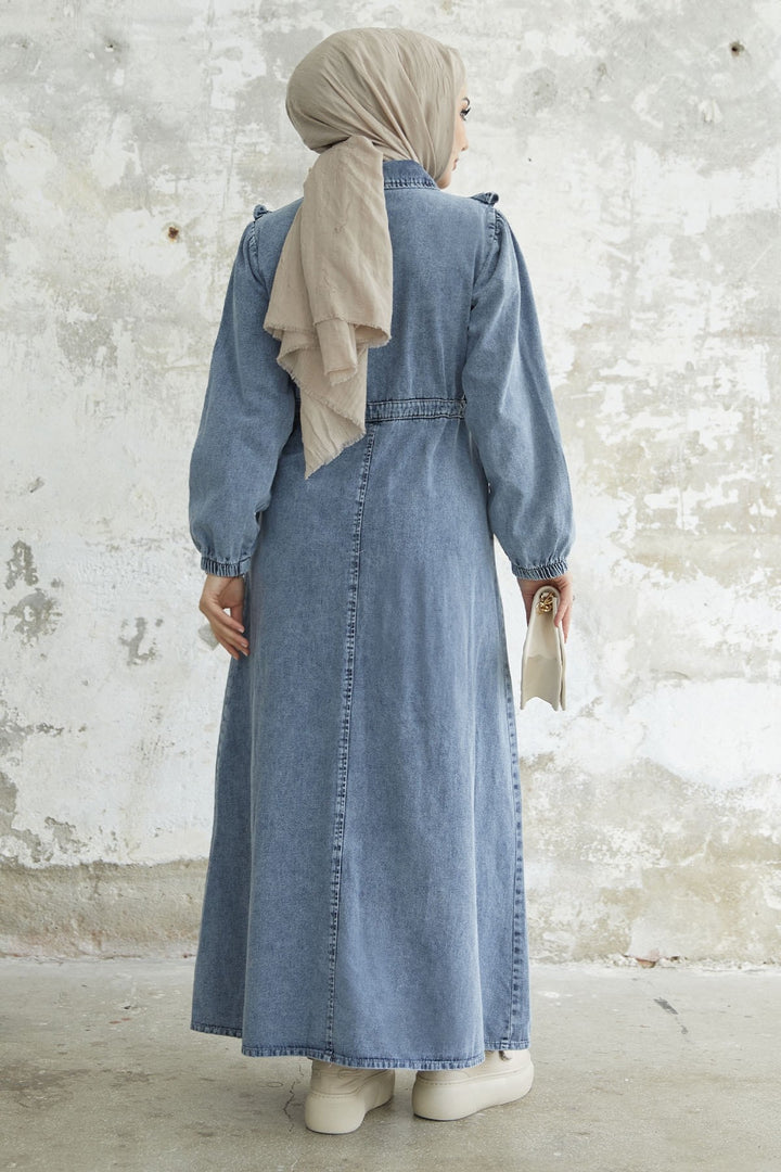 MDS Women Ruffled Detail Tunnel Belted Denim Dress - Blue - Mount Vernon