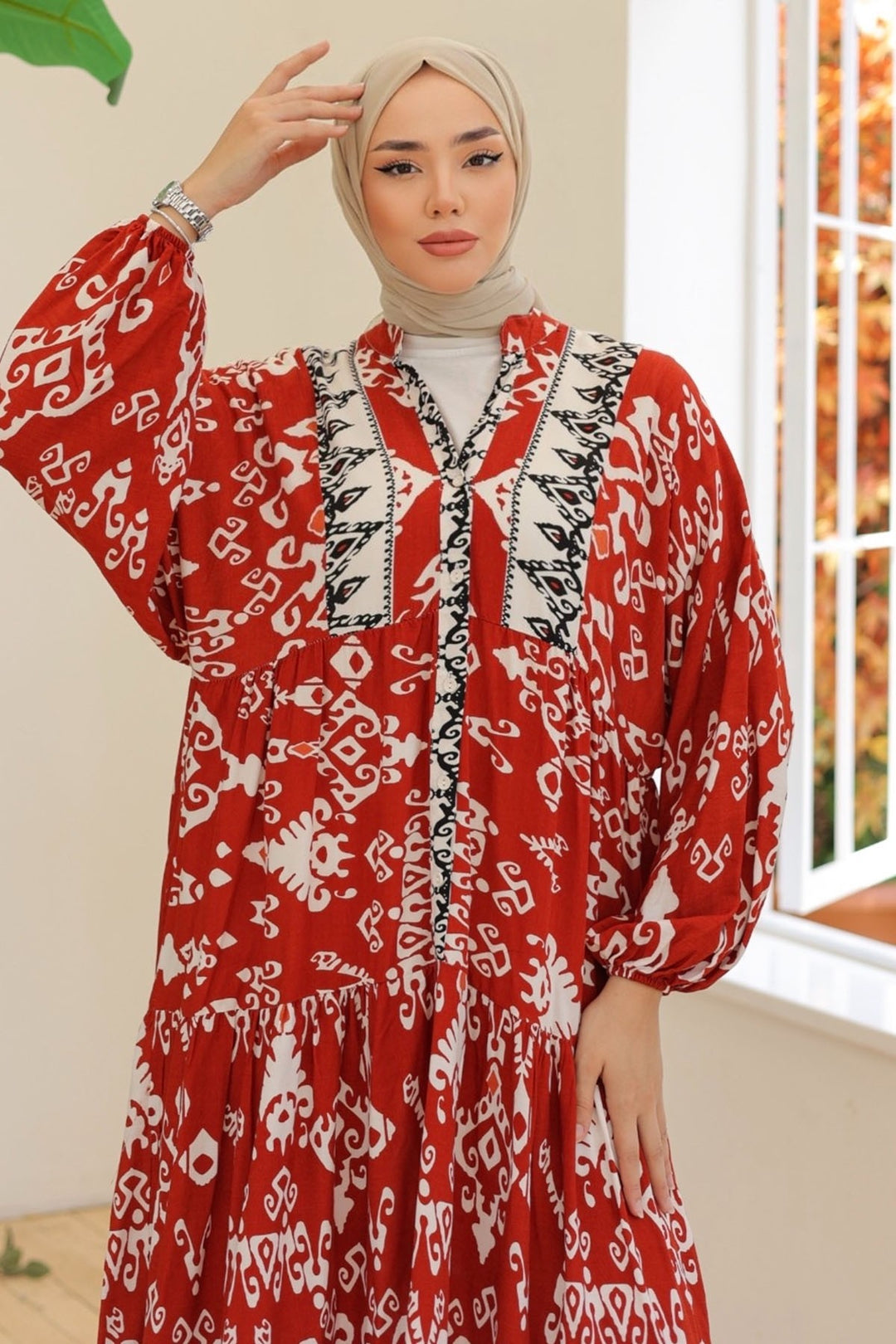 MDS Women Buttoned Loose Patterned Terracotta Viscose Dress - Culver City