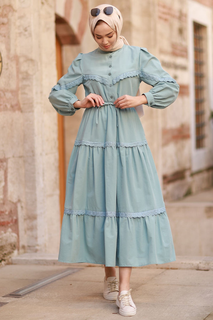 MDS Women Guipure Detail Balloon Sleeve Dress - Mint - Vinnytsia