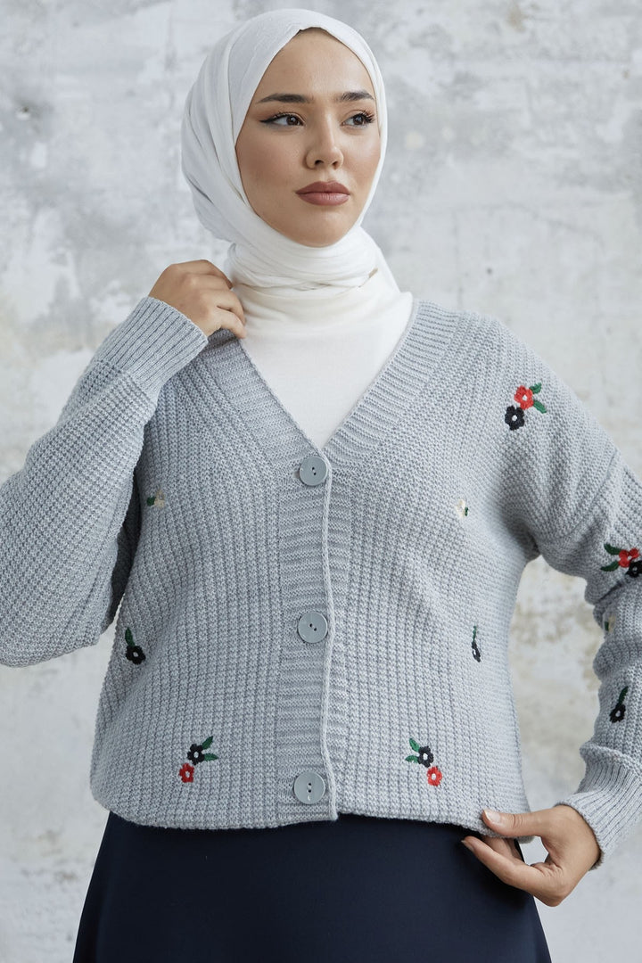 MDS Women Hello Daisy Embroidered Cardigan - Gray - Venlo