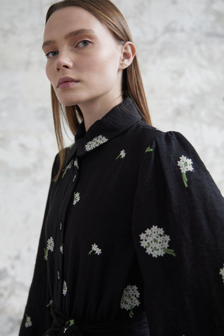 MDS Women Floral Embroidered Linen Dress - Black - Zürich