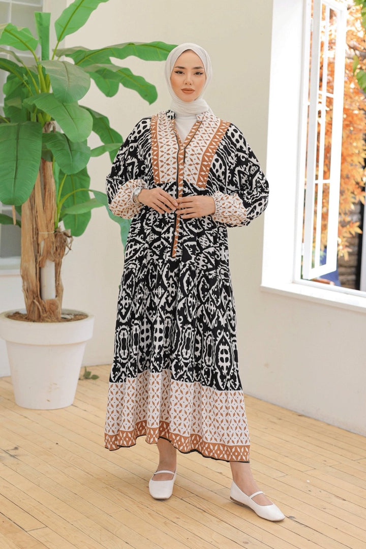 MDS Women Patterned Balloon Sleeve Black Viscose Dress - Wesel