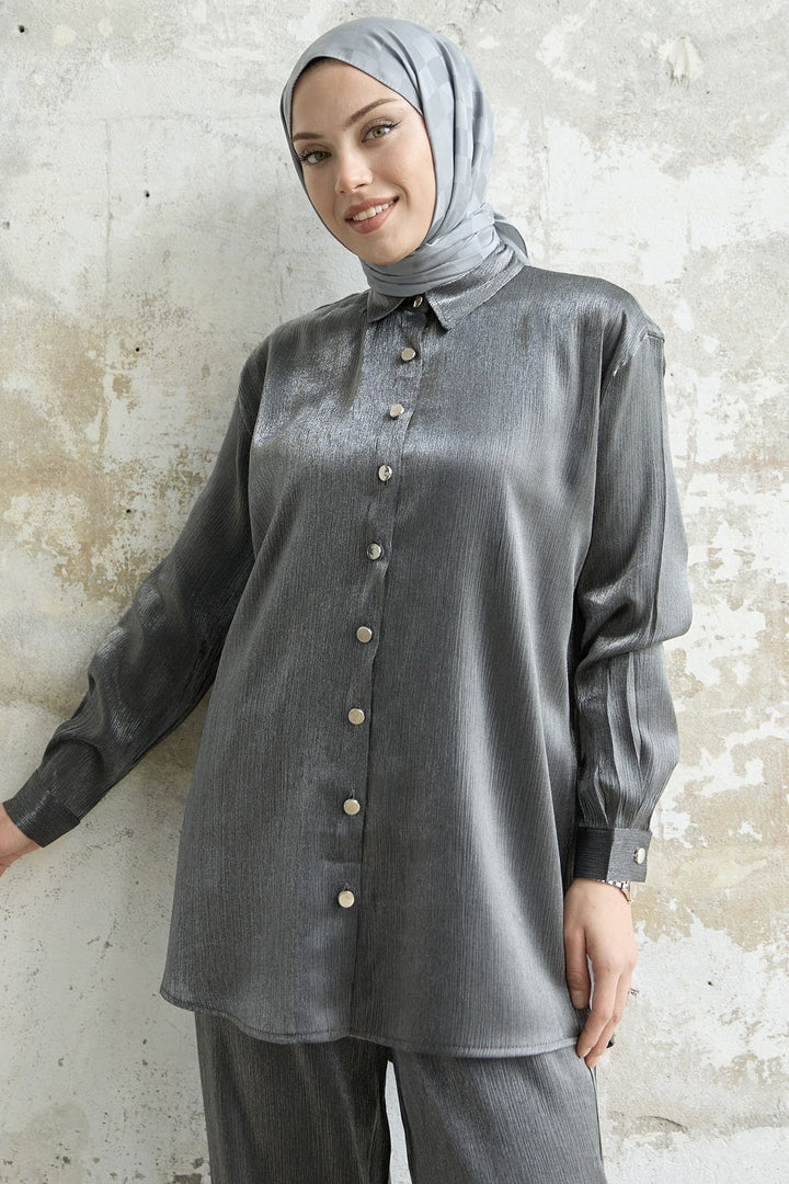 MDS Women Shirt Collar Sequined Two-Piece Set - Anthracite - Springville