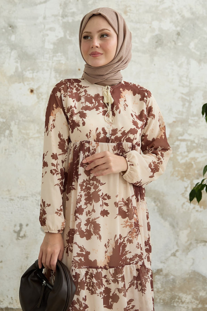MDS Women Brown Chiffon Dress with Leaf Pattern and Tassels on the Front - Tehuacán