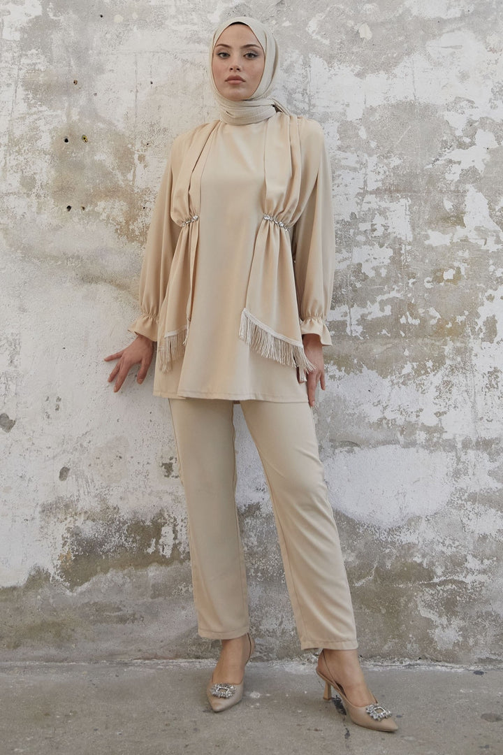 MDS Women Tassel Detail Stone Crepe Set - Beige - Dronten