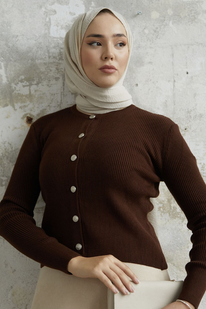 MDS Women Loren Stone Buttoned Knit Cardigan - Bitter Coffee - Cuenca