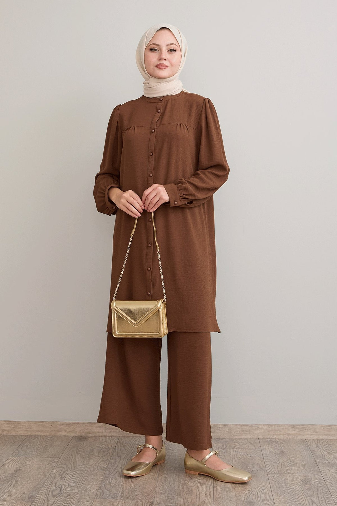MDS Women Arfa Ayrobin Buttoned Loose Light Brown Suit - Boulder