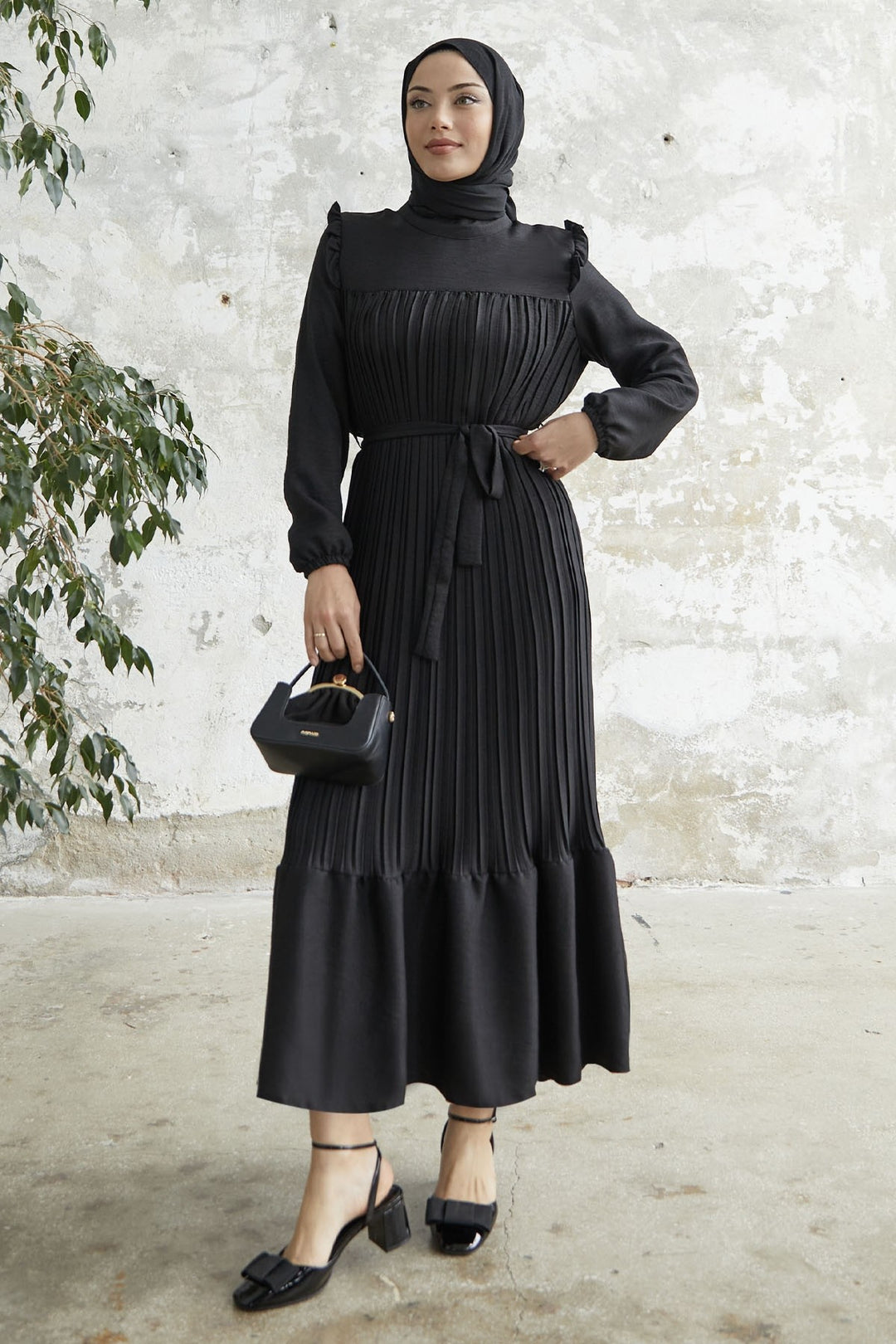 MDS Women Ruffle Trim Linen Dress with Puffed Shoulders - Black - Vitrolles