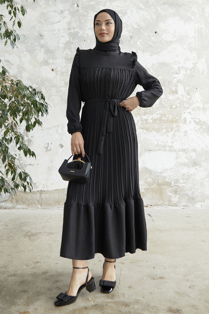 MDS Women Ruffle Trim Linen Dress with Puffed Shoulders - Black - Vitrolles