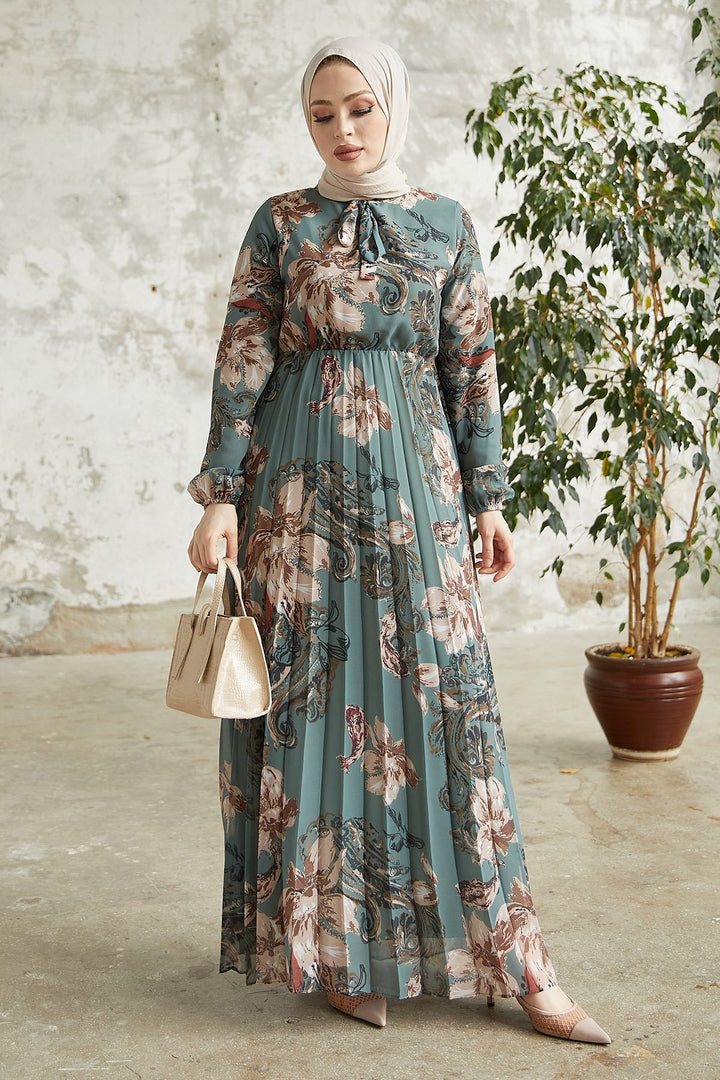MDS Women Serena Flower Pattern Pleated Chiffon Dress - Petrol Green - Veenendaal