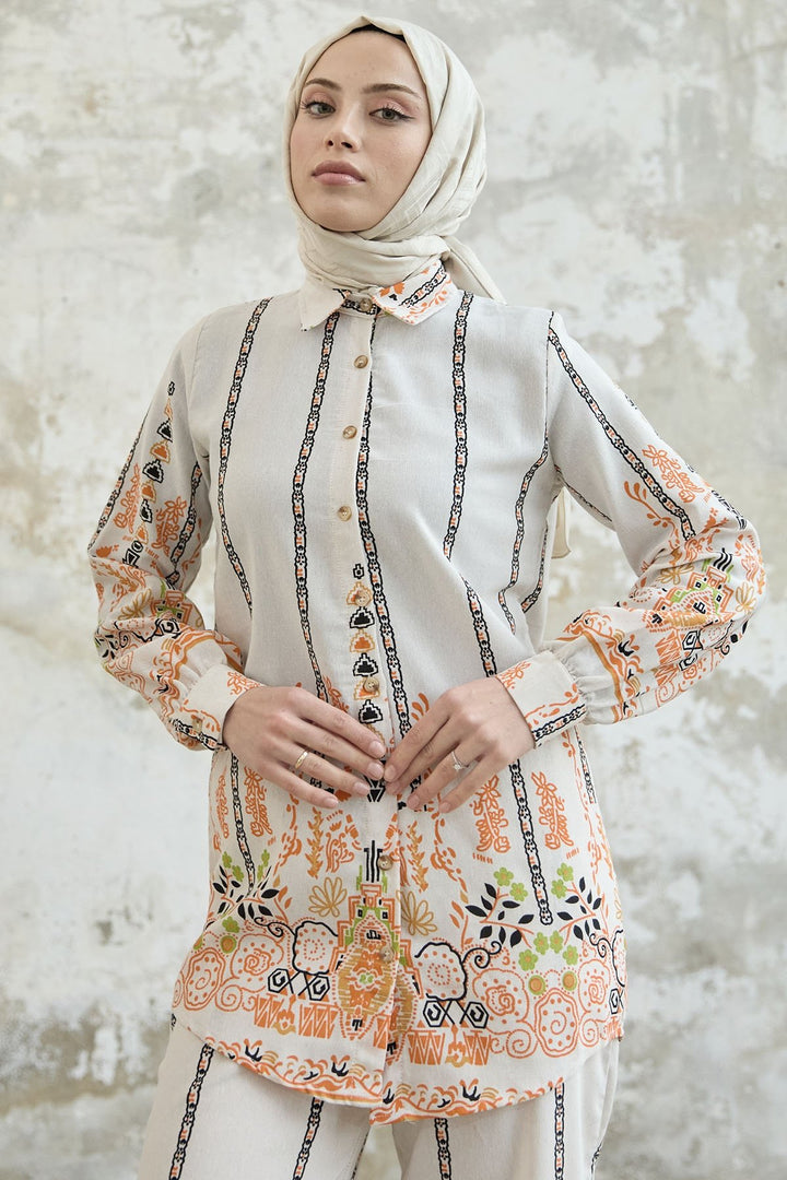 MDS Women Patterned Linen Two-Piece Set - Orange - Slough