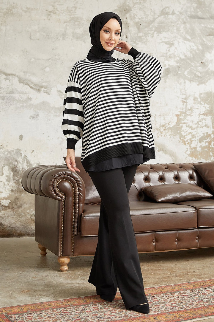 MDS Women Fruit Striped Balloon Sleeve Knit Tunic - Black - Andújar