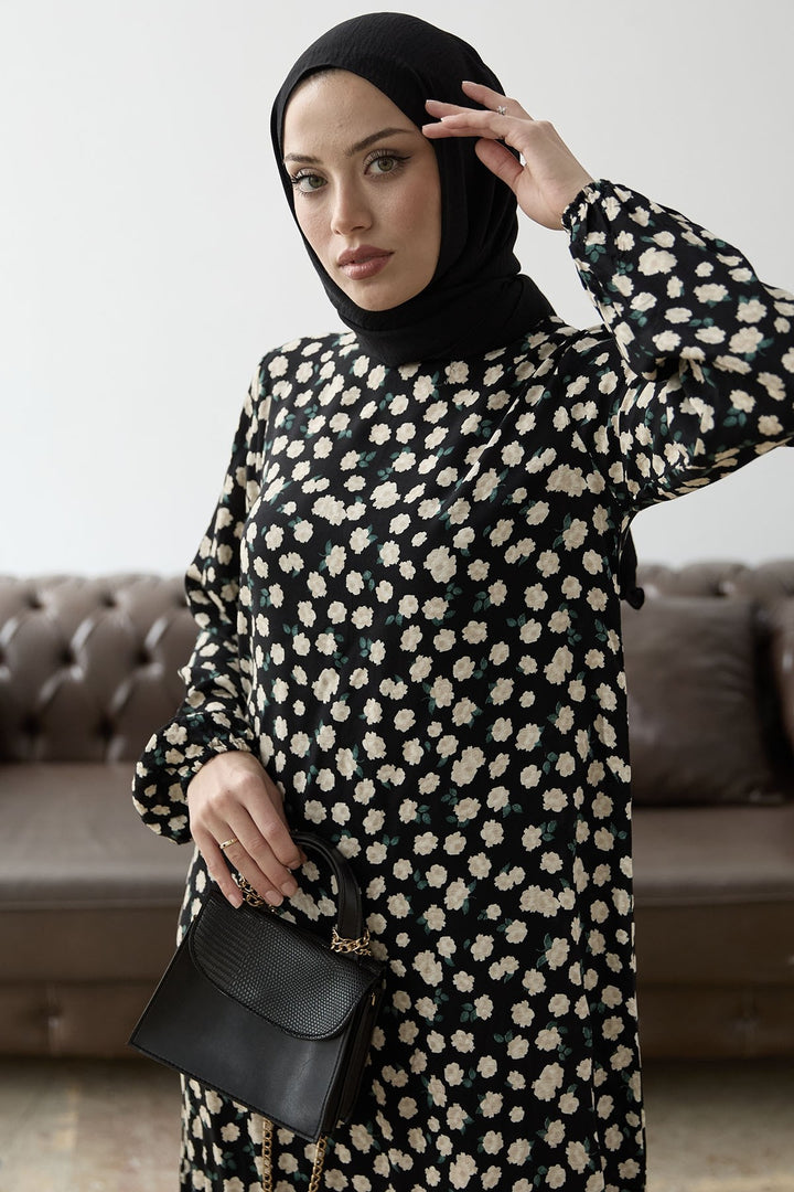 MDS Women Rose Pattern Viscose Dress - Black - Cluj-Napoca