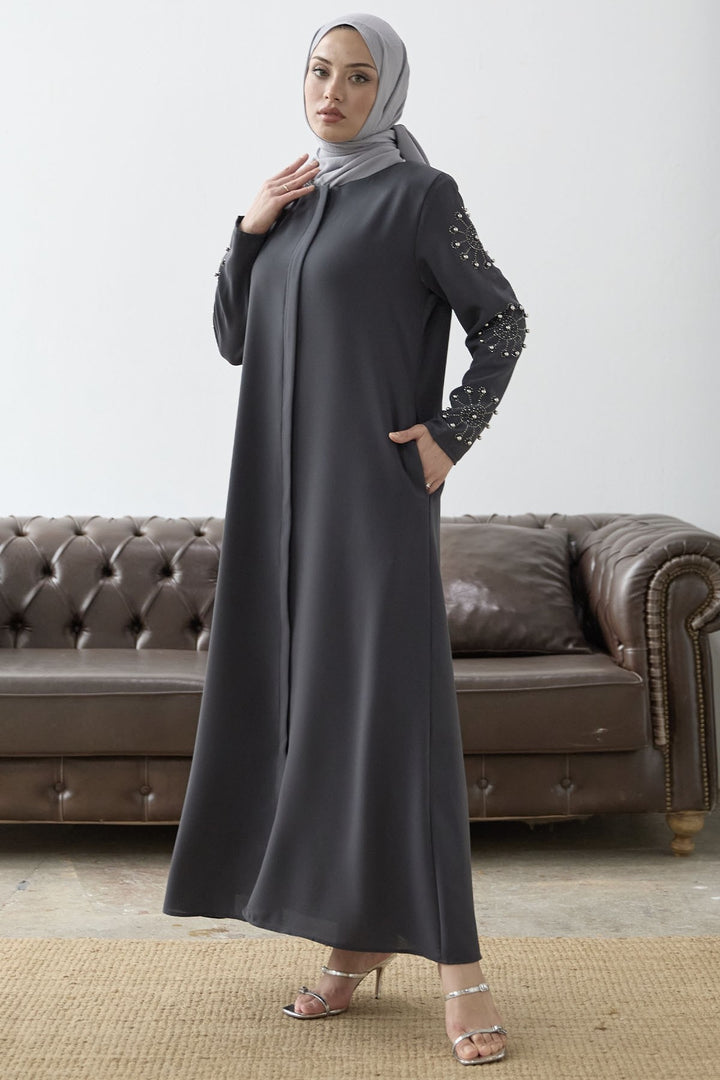 MDS Women Sleeves Pearl Stone Detail Abaya - Anthracite - Mairena del Aljarafe
