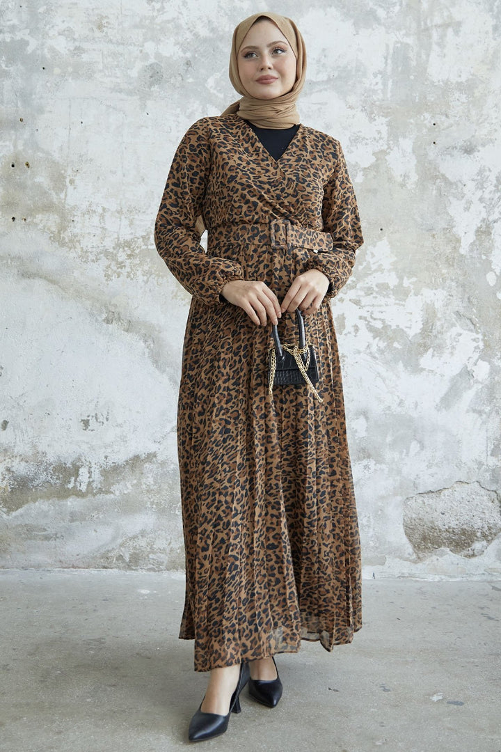MDS Women Patterned Wrap Neck Chiffon Dress - Brown - Kobryn