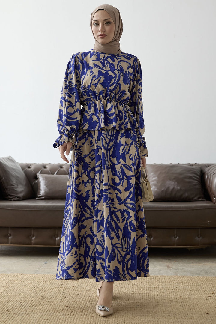 MDS Women Sleeve Tie Patterned Skirt Suit - Sky Blue - Lucca