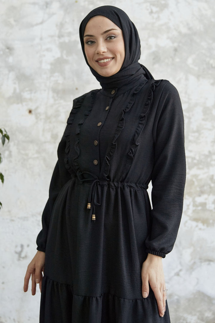 MDS Women Frilled Detail Buttoned A-line Dress - Black - Memmingen