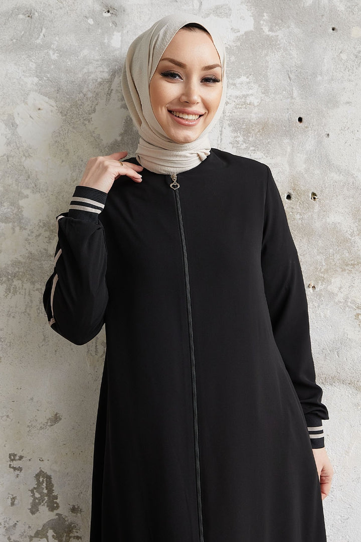 MDS Women Hazel Striped Patterned Abaya with Ribbons - Black - Loughborough