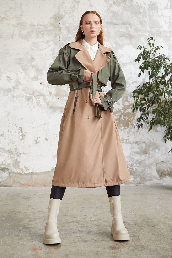 MDS Women Two-Tone Epaulet Detail Trench Coat - Khaki - Oviedo