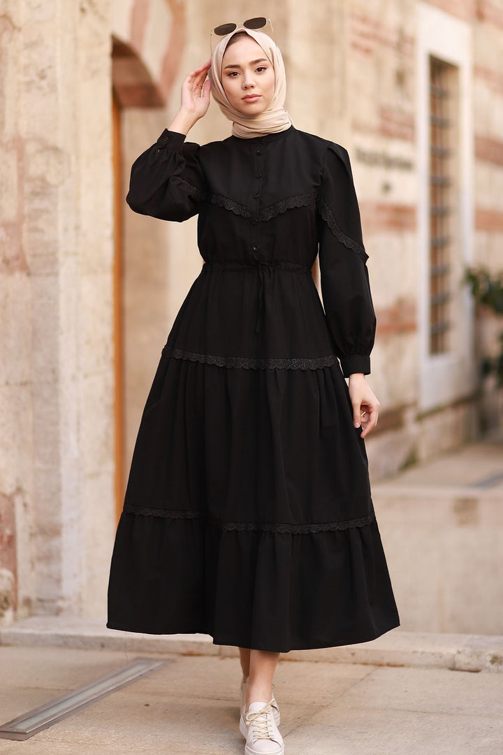MDS Women Guipure Detail Balloon Sleeve Dress - Black - Battipaglia