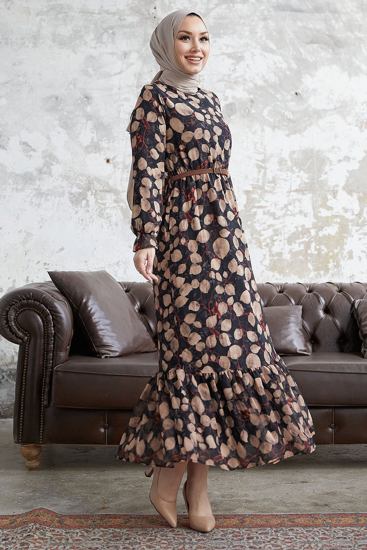MDS Women Droplet Patterned Belted Chiffon Dress - Camel - Pervomaisk