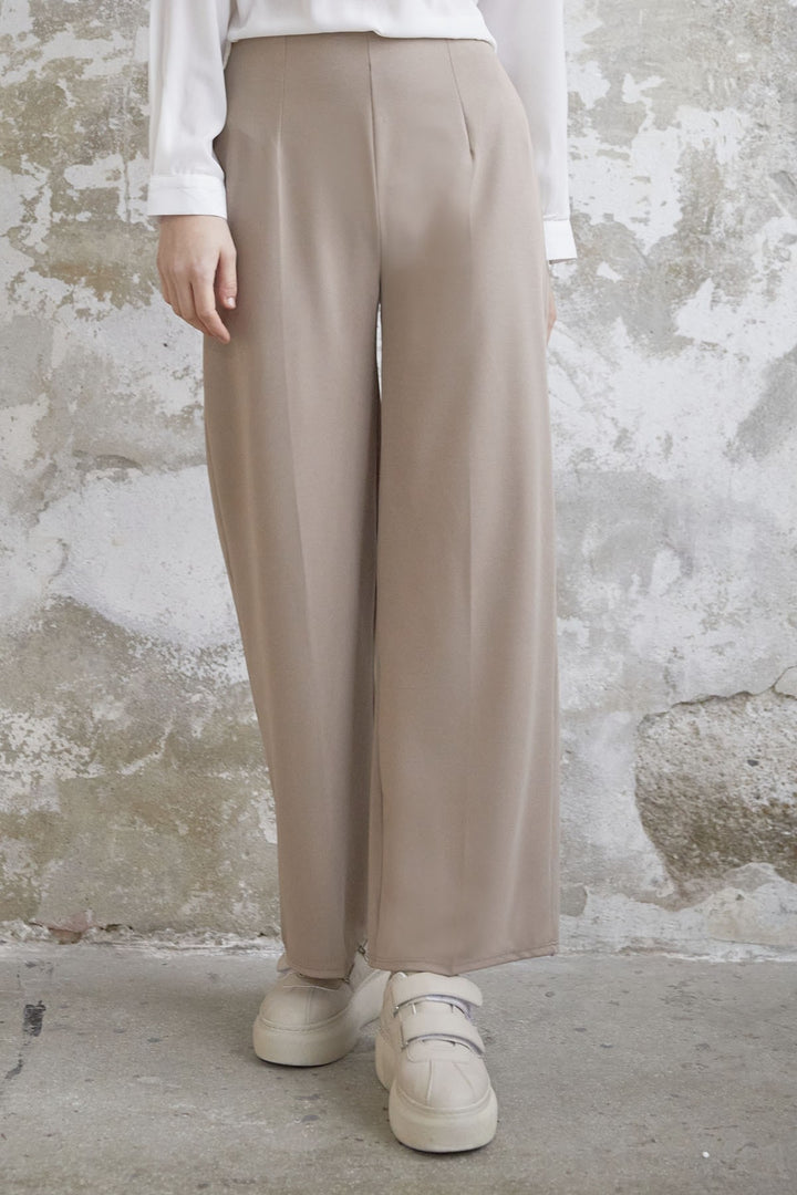 MDS Women Wide Leg High Waist Elastic Waist Pants - Stone - Nikopol