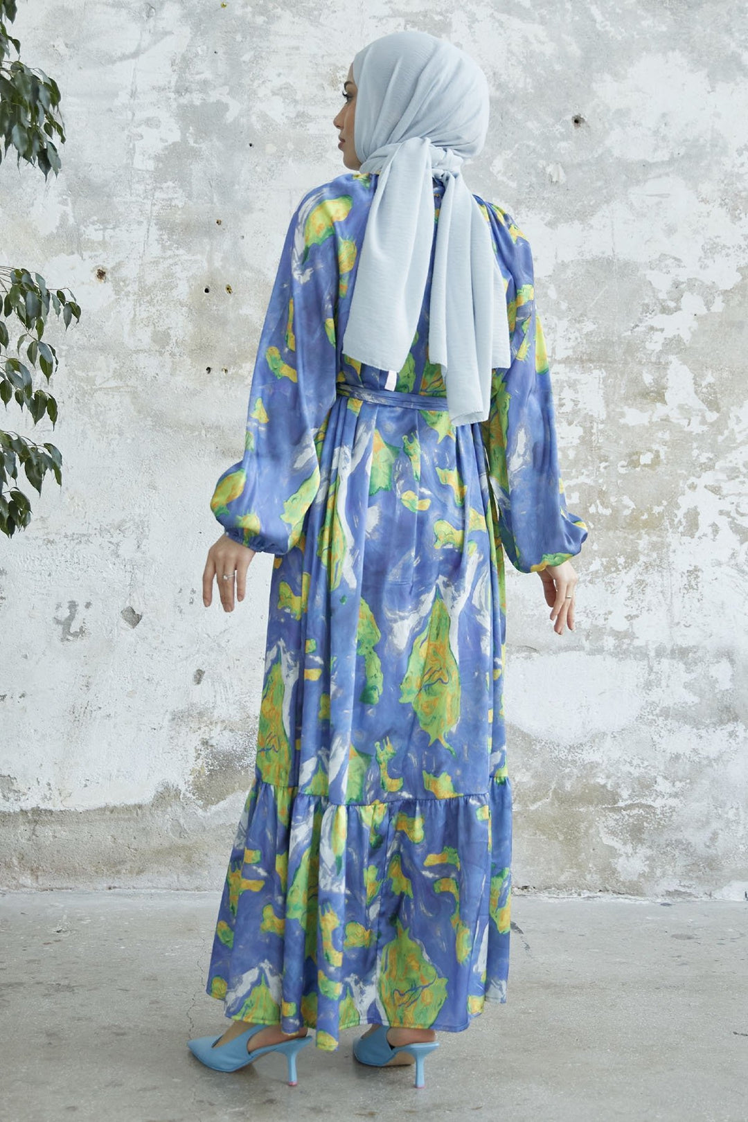 MDS Women Marbled Patterned Satin Dress with Belt - Indigo - Urmston