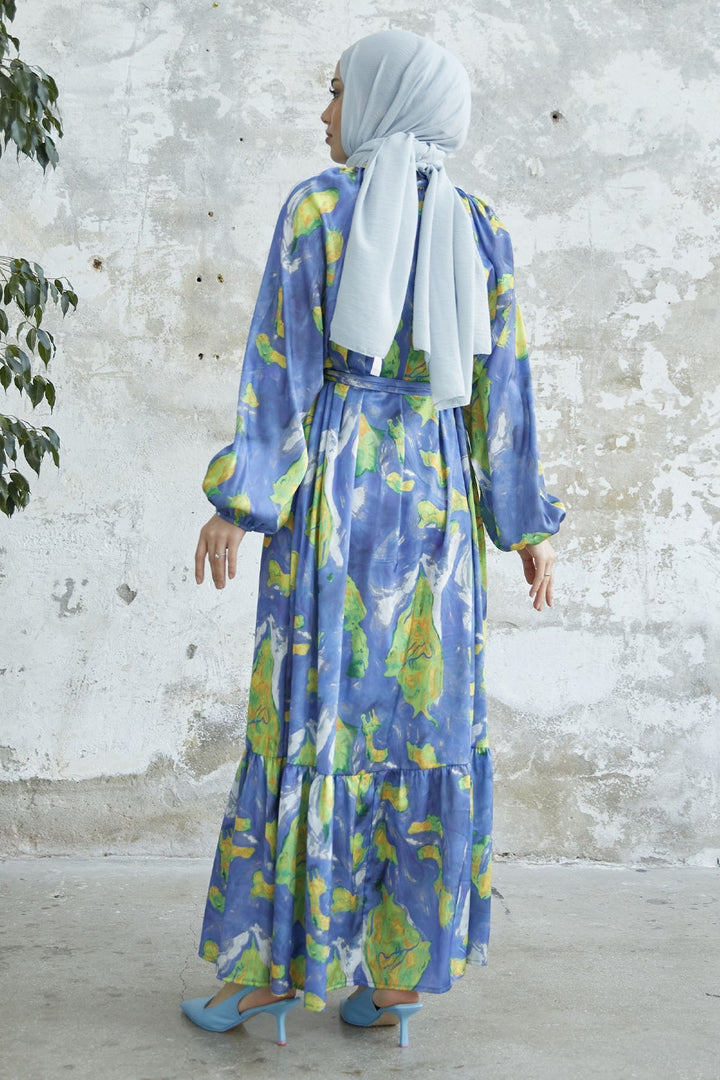 MDS Women Marbled Patterned Satin Dress with Belt - Indigo - Urmston