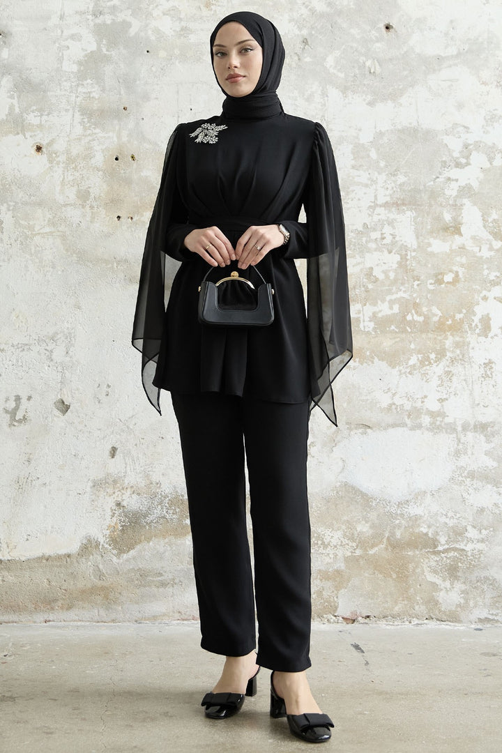 MDS Women Stone-Accented Tulle Crepe Set - Black - Bagnolet