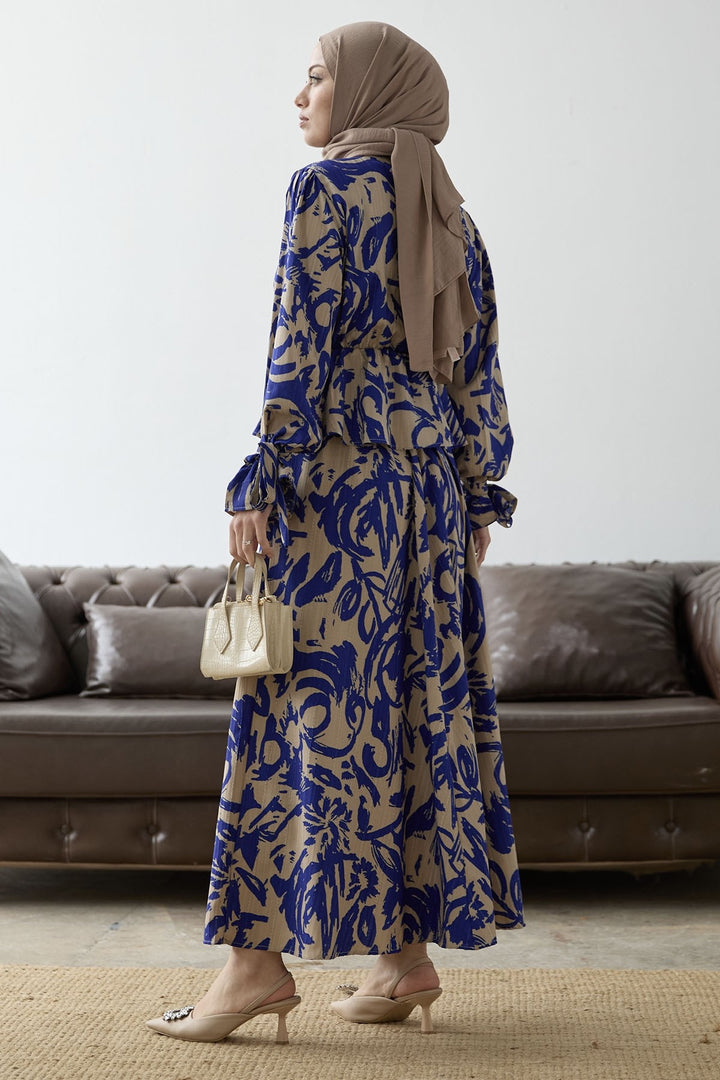 MDS Women Sleeve Tie Patterned Skirt Suit - Sky Blue - Lucca