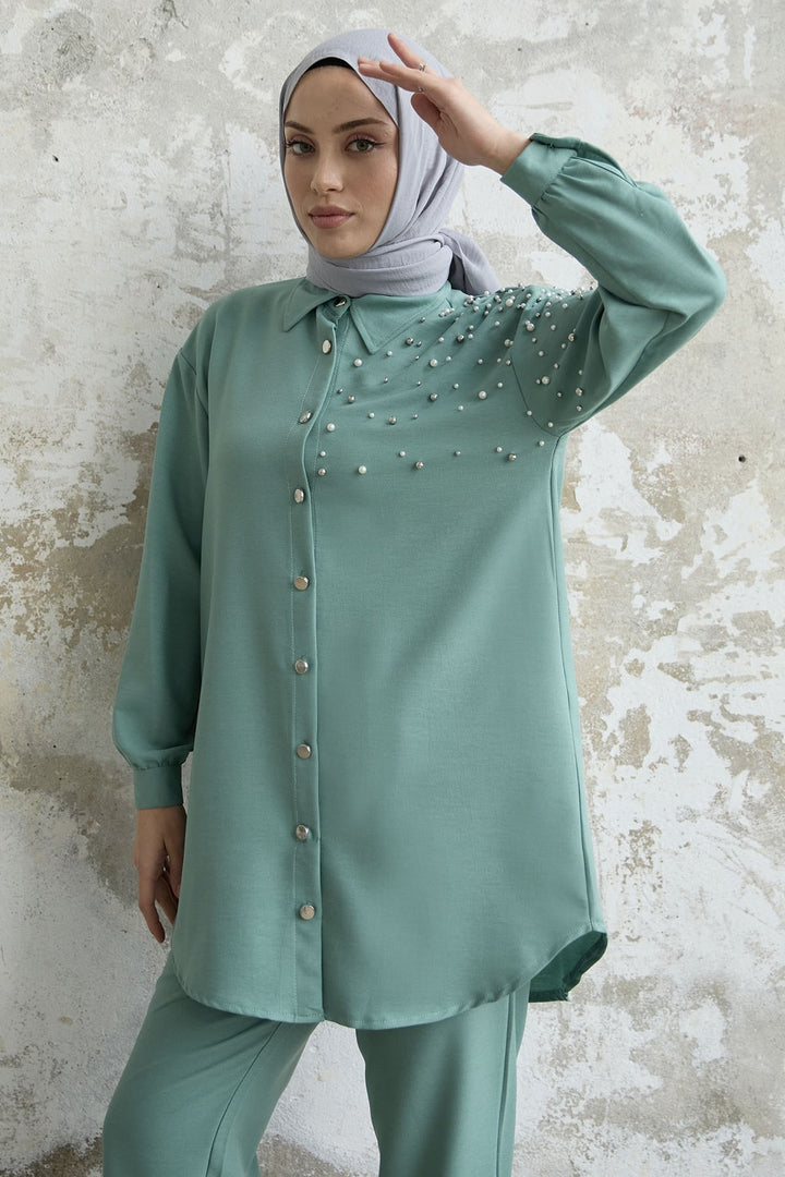 MDS Women Linen Set with Embroidery - Mint - Huatusco