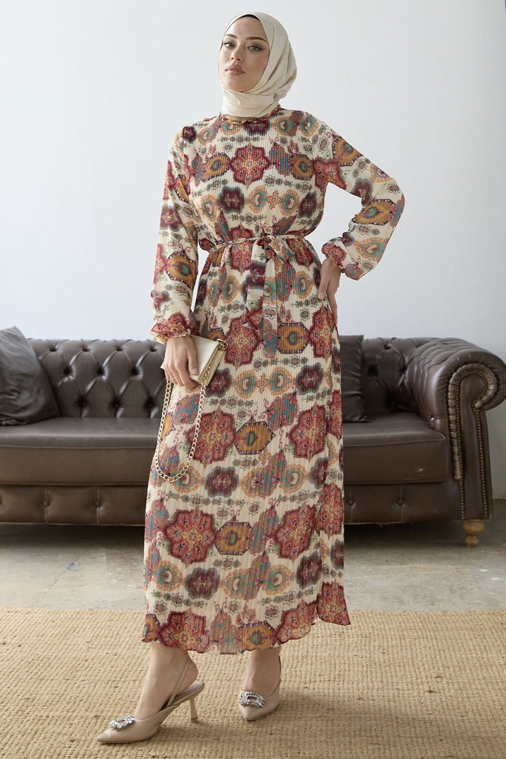 MDS Women Pleated Shawl Pattern Chiffon Dress - Red - Phenix City