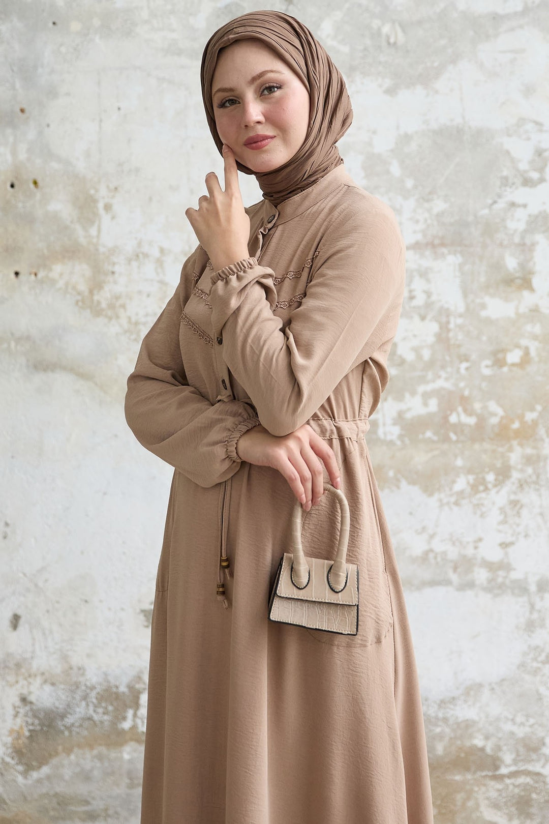 MDS Women Lace Detail Beige A-line Dress - Nanterre