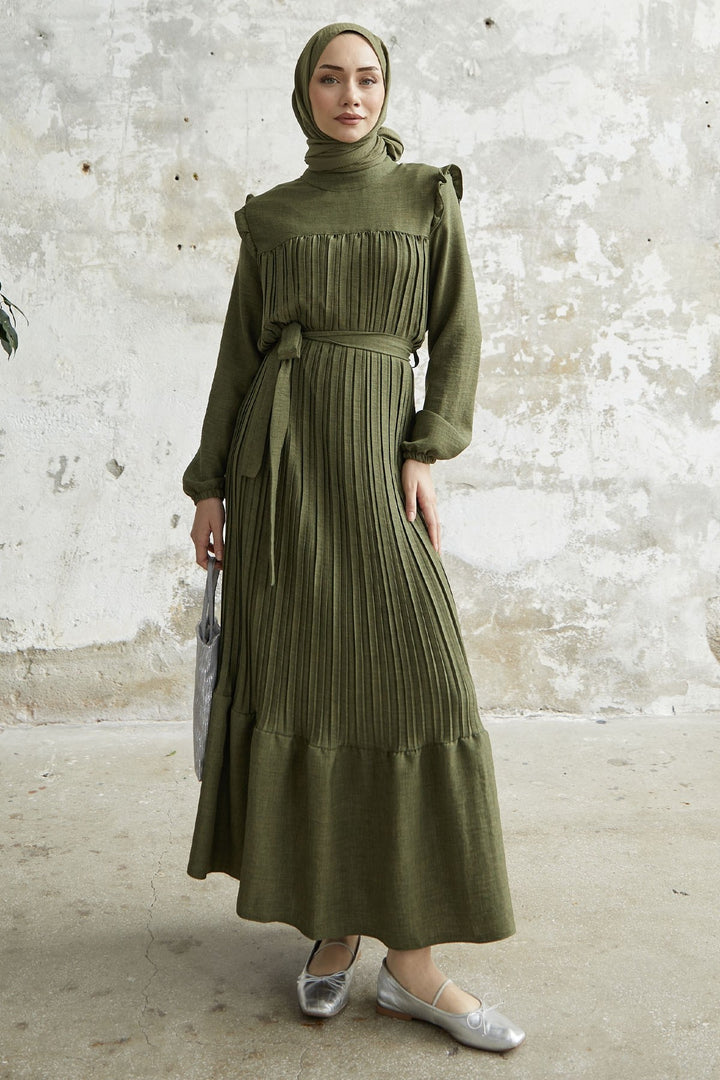 MDS Women Ruffle Trim Linen Dress with Puff Sleeves - Khaki - Manukau City