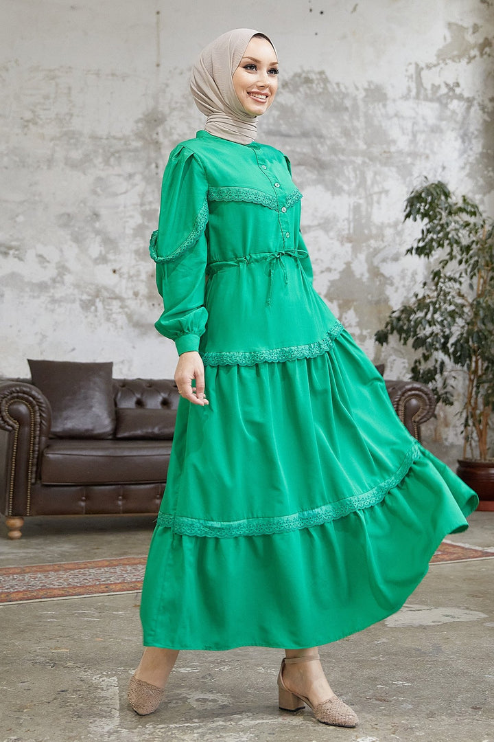 MDS Women Guipure Detail Balloon Sleeve Dress - Green - Chaïdári