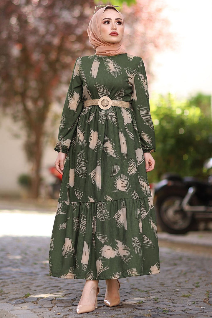 MDS Women Brush Pattern Belted Dress - Khaki - Abrantes