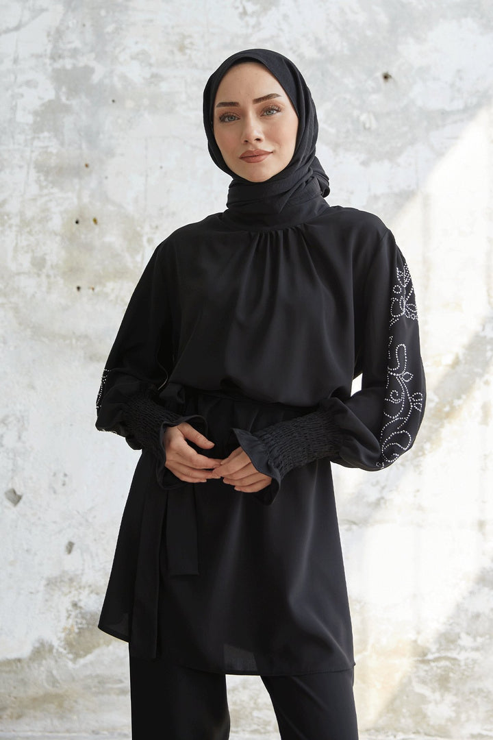 MDS Women Stone Detailed Balloon Sleeve Satin Set - Black - Mollet