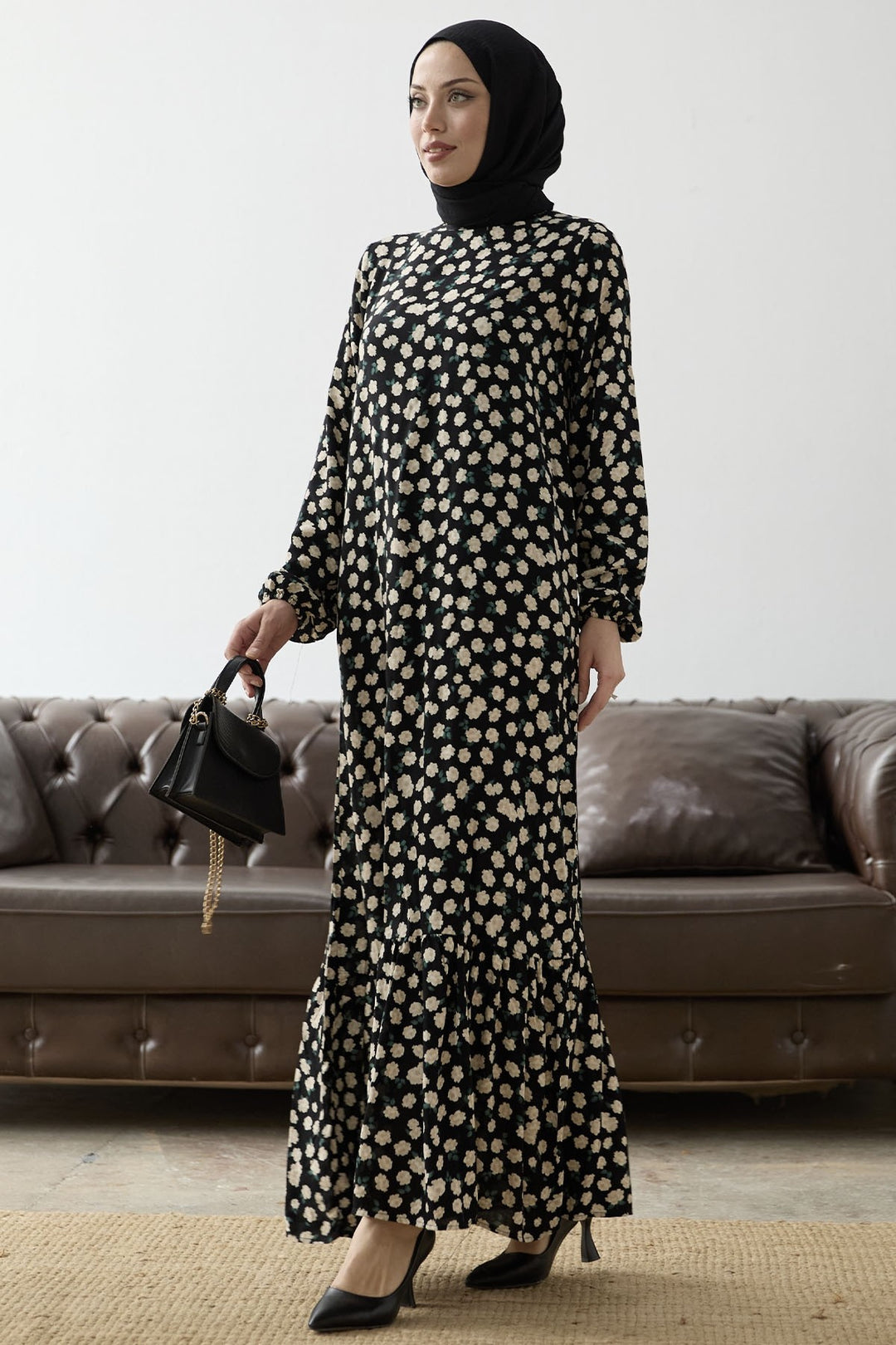 MDS Women Rose Pattern Viscose Dress - Black - Cluj-Napoca