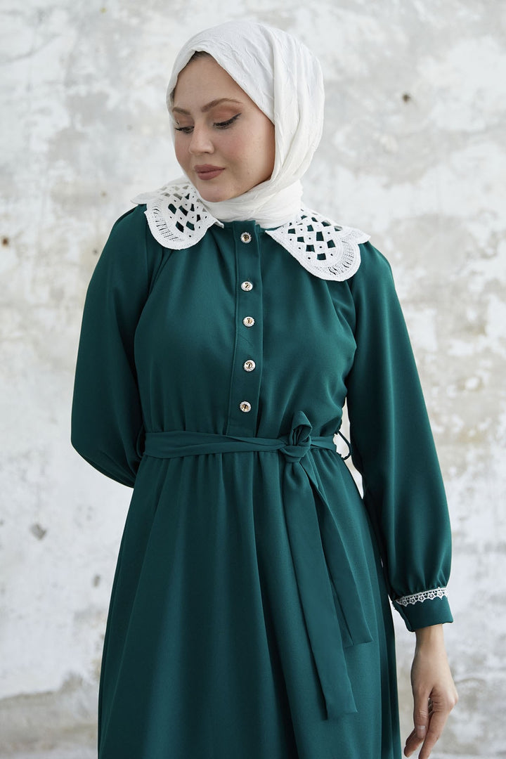 MDS Women Baby Collar Belted Dress - Emerald Green - Mülheim