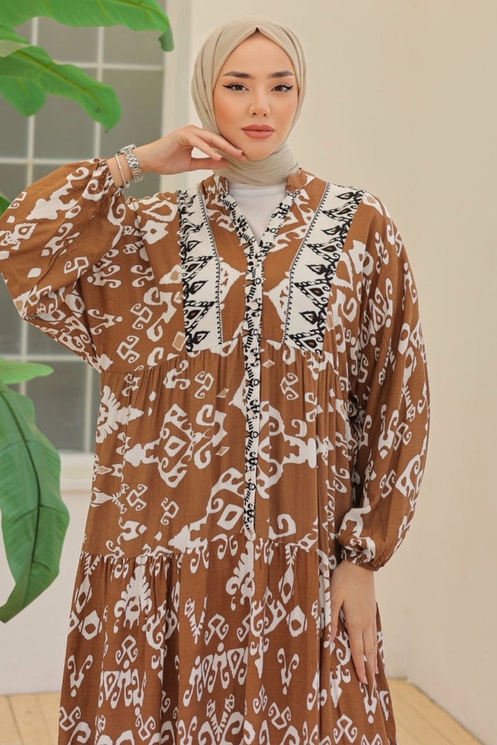 MDS Women Buttoned Loose Patterned Brown Viscose Dress - Marino