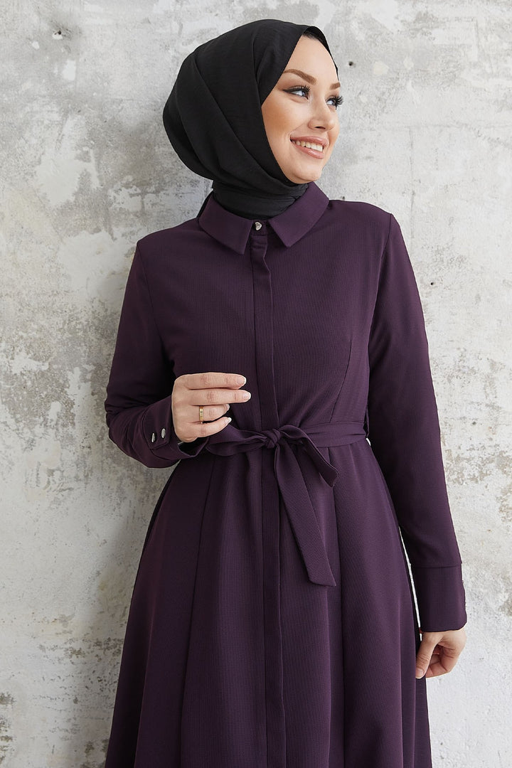MDS Women Emery Belted Shirt Collar Abaya - Purple - Ahaus