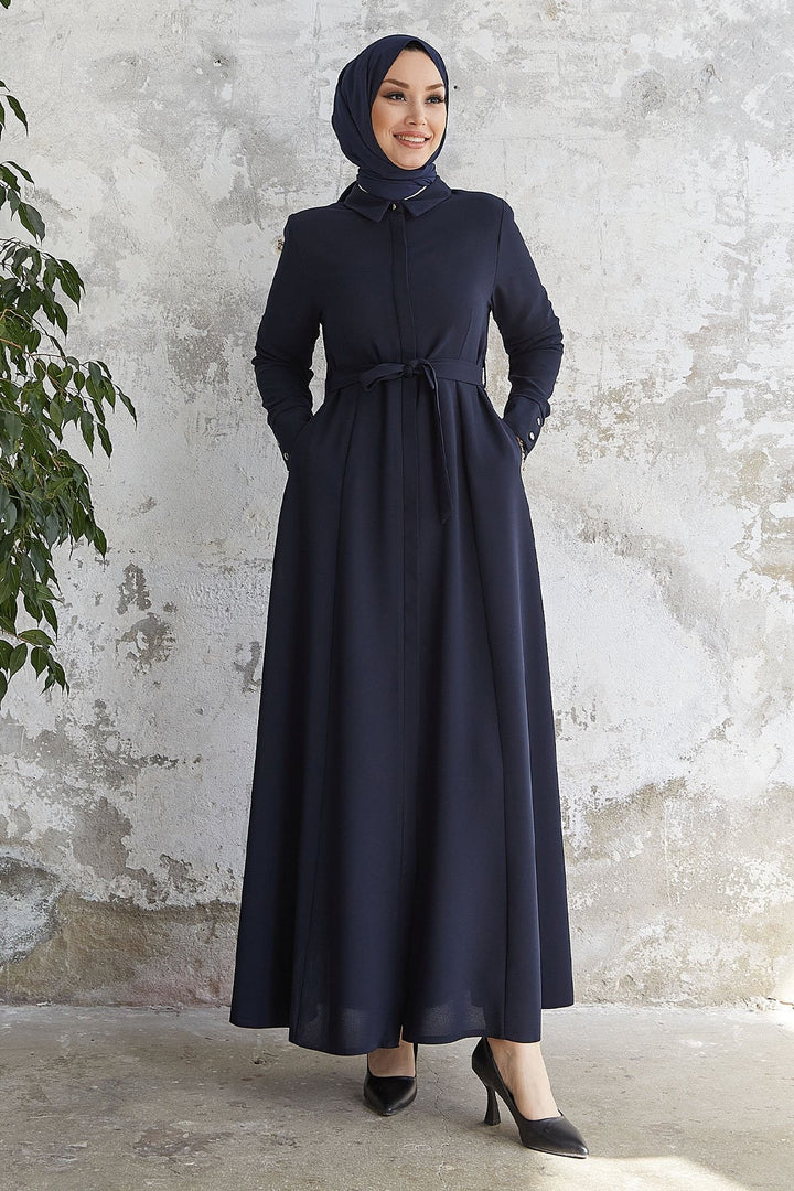 MDS Women Emery Belted Shirt Collar Abaya - Navy - King’s Lynn
