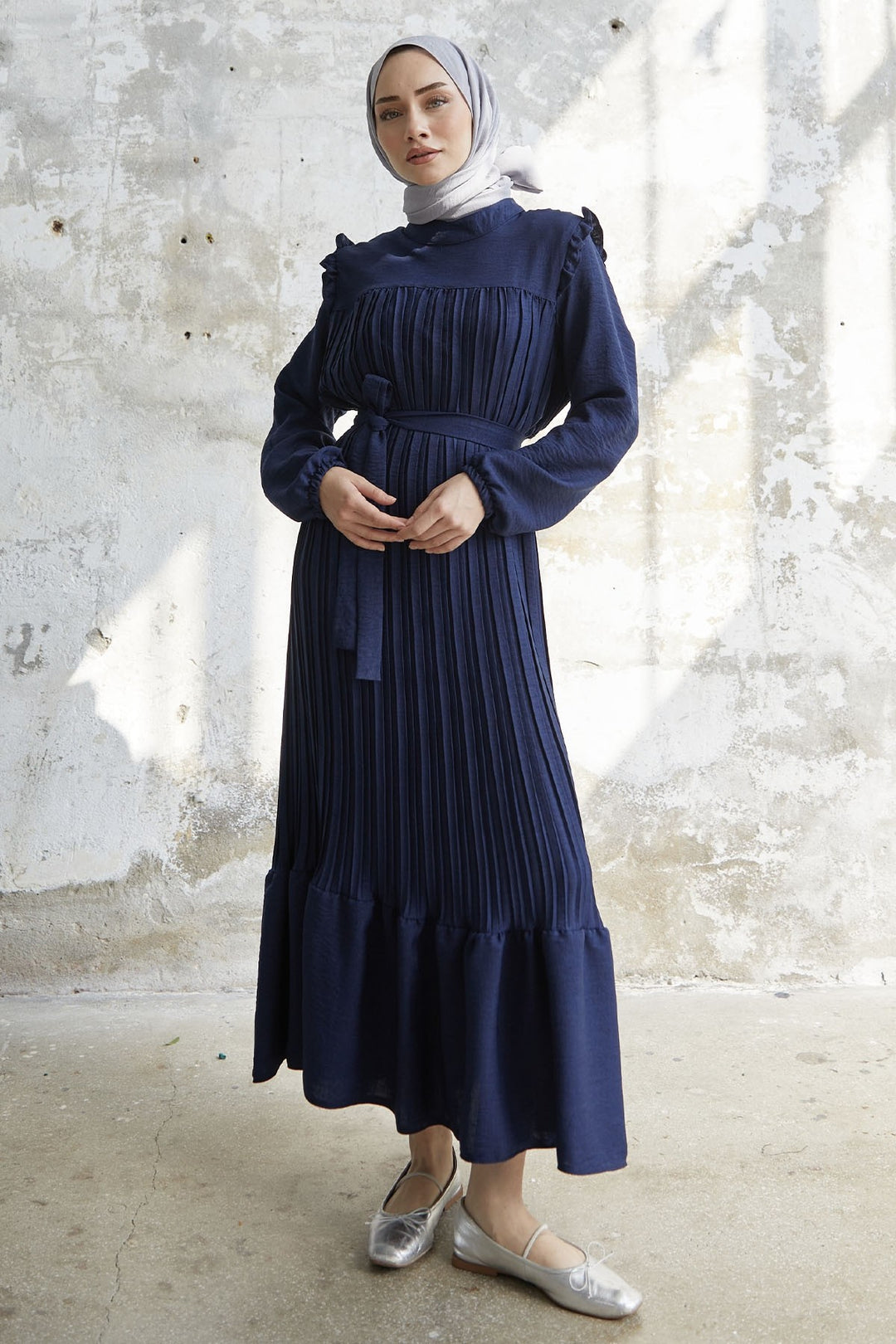 MDS Women Ruffle Trim Linen Dress with Puffed Shoulders - Navy - Seattle