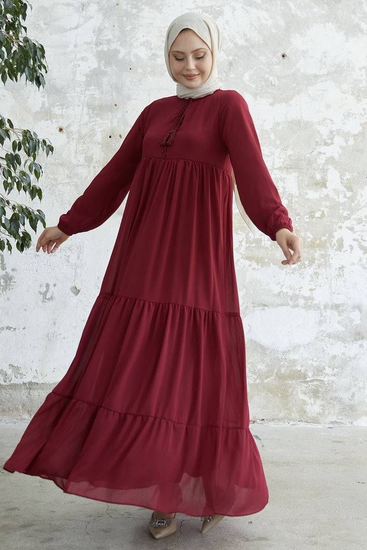 MDS Women Lace-Up Yoryo Chiffon Dress - Burgundy - Lakewood