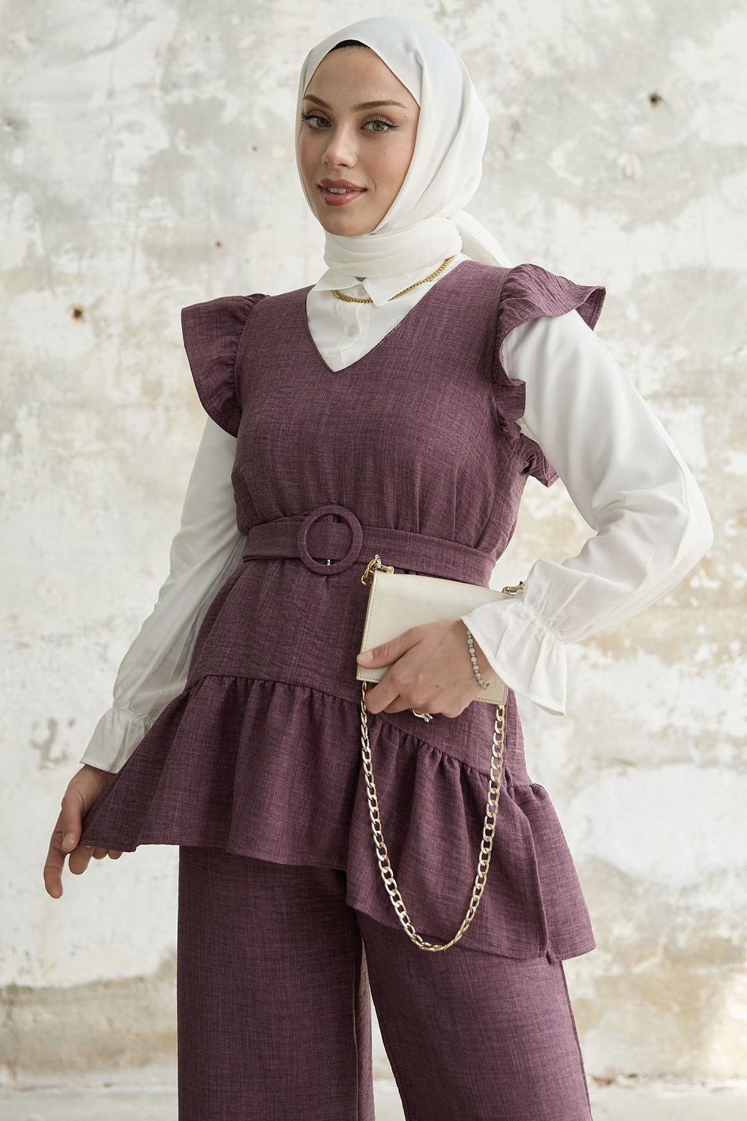 MDS Women Ruffled Shoulder Three-Piece Set - Purple - Tres Valles