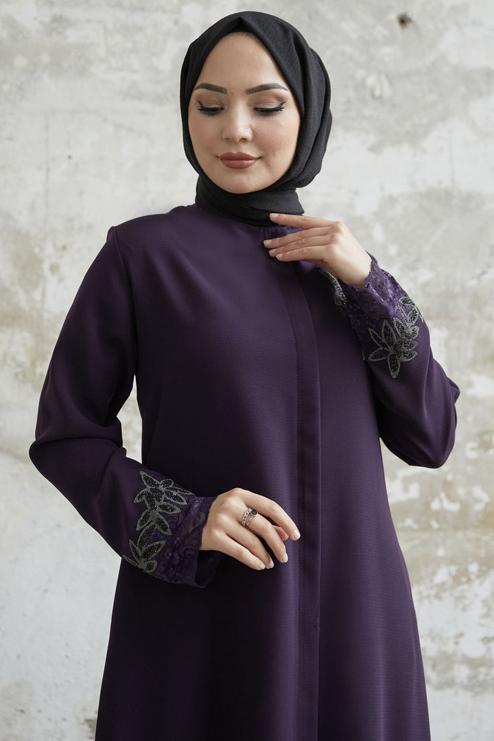 MDS Women Sleeve Flower Stone Abaya - Purple - Doral